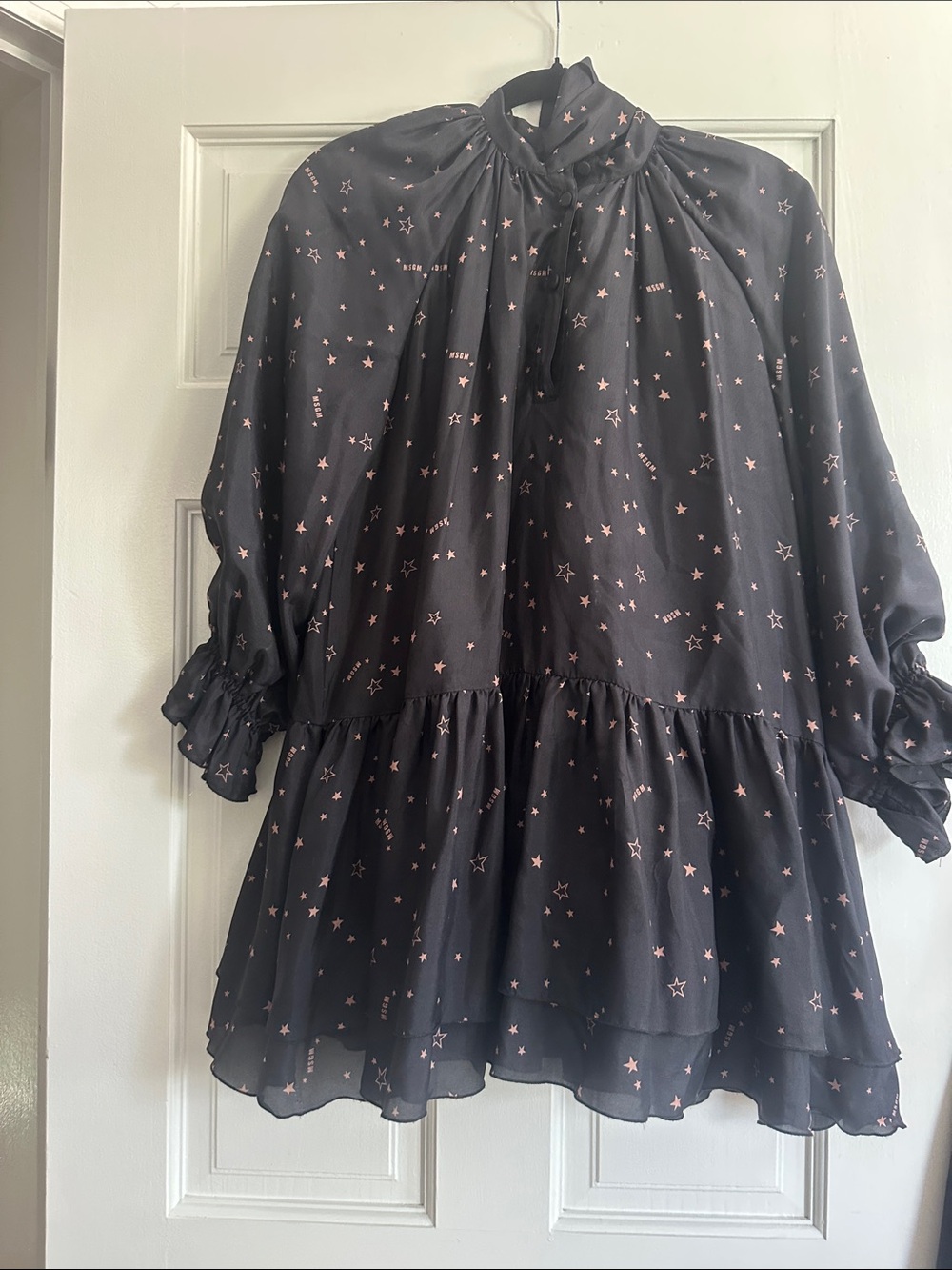 MSGM Girls' Black silk  Star-Print Ruffle Dress size 10